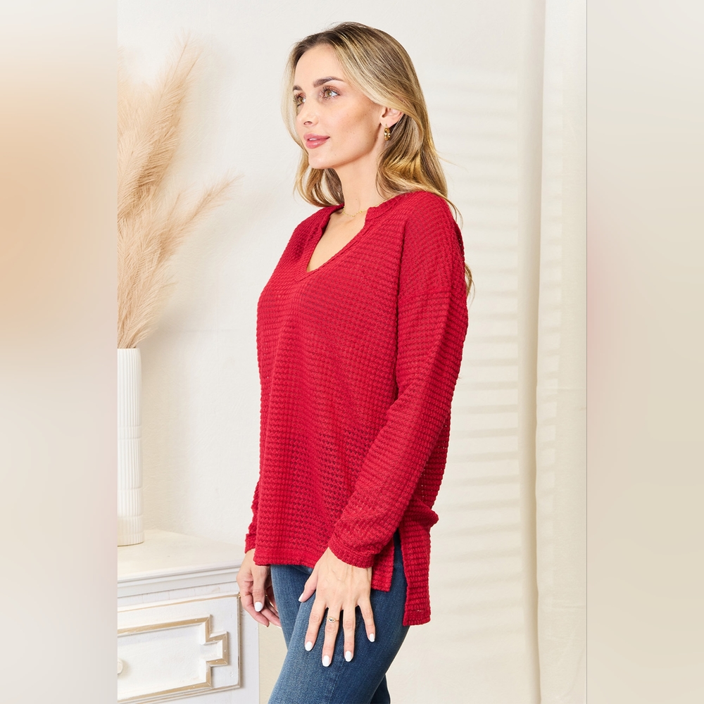 Culture Code Designer Red Waffle Knit Wide Notch Neckline Relaxed Fit Top - Picture 9 of 11